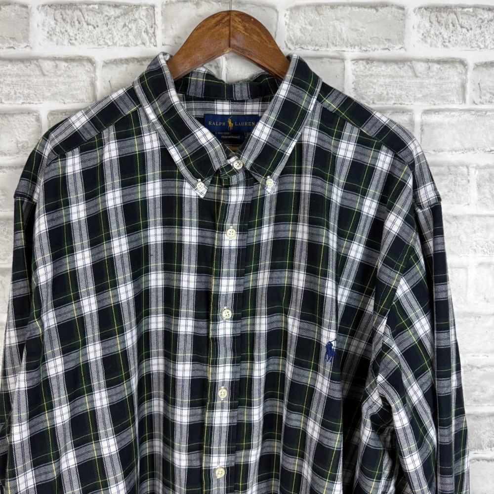 Ralph Lauren Performance Mens 3XB BIG Plaid Button Down Shirt Green Navy Blue